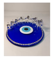 El Yapımı Cam Mavi Nazar Taşlı Boncuk Üzerinde Platin Gümüş Renk Yedili Fil 15x6,5cm