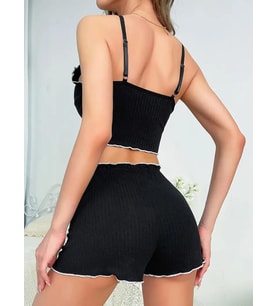 Kadın Siyah Fitilli Askılı Şortlu Pijama Takım 5042