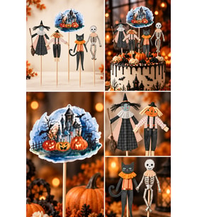Halloween Cadılar Bayramı Pasta Süsü Kürdan Seti 5 Parça Cadı Kedi İskelet Balkabağı Figürlü