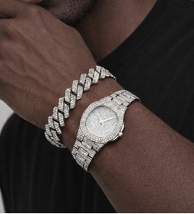 Taşlı Iced Out Saat Ve Küba Bileklik Seti (Gümüş)