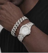 Taşlı Iced Out Saat Ve Küba Bileklik Seti (Gümüş)