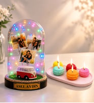 Kişiye Özel Yazılı 3 Fotoğraflı Renkli LED Işıklı Fanus (vosvos) ve 5'li Kokulu Makaron Mum Seti