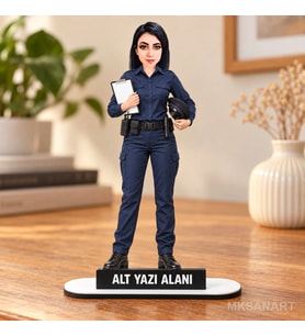 Kişiye Özel Kadın Zabıta Karikatürlü 18 cm MDF Masaüstü Biblo - Kadın Zabıta Hediyesi Yeni İş ve Meslek Hediyesi