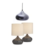 2 ADET KREM KUMAŞ ŞAPKALI METAL ELİPS MASA LAMBALARI 1 ADET SARKIT AVİZE