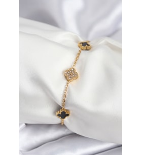 Çelik Gold Renk Siyah Zirkon Taşlı Baby Boy Yonca Kadın Bileklik - Tj-Bb7953