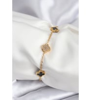 Çelik Gold Renk Siyah Zirkon Taşlı Baby Boy Yonca Kadın Bileklik - Tj-Bb7953