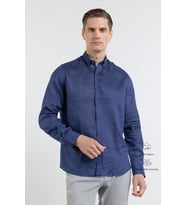 Lacivert Keten Düğmeli Yaka Uzun Kol Slim Fit %100 Keten Gömlek 1004260161