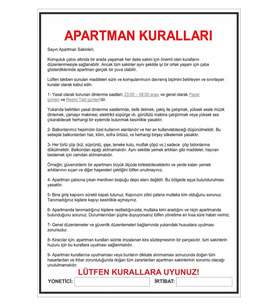 Apartman Kuralları 30x42 Cm Pvc Kaplı Afiş