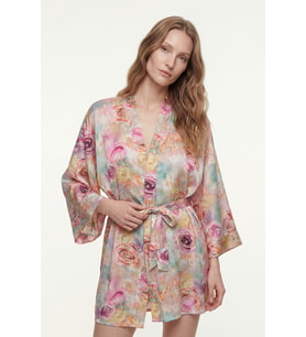 Fumee Marguerite Desenli Kısa Saten Sabahlık / Kimono