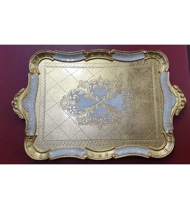 Gold Beyaz Desenli İtalyan Gül Ağacı El Yapımı Dikdörtgen Büyük Tepsi 54,5x35,5cm