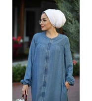 6470-Denim Fermuarlı  Ferace Koyu Mavi