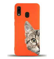 Samsung Galaxy A20e Uyumlu Lansman Kılıf Catface Tasarımlı İçi Kadife Kapak-Turuncu (Şeffaf)
