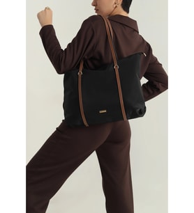 Çift Saplı Paraşüt Kumaş Büyük Boy Shopper Çanta Üniversite Ofis Anne Bebek Omuz Çantası (47x30x15) (Siyah)