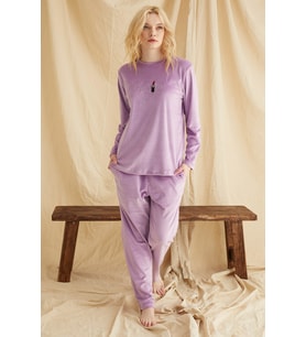 Kadife Kumaş TKNR 52003 Lila Renk Kadın Konford Pijama Takımı (Lila)