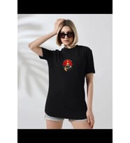 Unisex Bisiklet Yaka Baskılı T-Shirt - Siyah