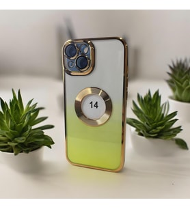 IPHONE 14 MAGSAFE ÖZELLİKLİ GOLD KENAR DETAYLI LENS KORUMALI  SİLİKON TELEFON KILIFI (Yeşil)