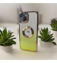 IPHONE 14 MAGSAFE ÖZELLİKLİ GOLD KENAR DETAYLI LENS KORUMALI  SİLİKON TELEFON KILIFI (Yeşil)