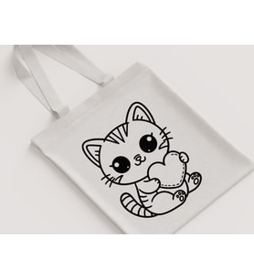 Kalp Tutan Sevimli Kedi Desenli Kız Çocuk Omuz Çantası Hediyelik Boyanabilir Ham Bez Çanta