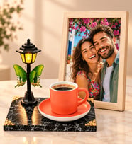 Kişiye Özel Fotoğraflı Sokak Lambalı Turuncu Kahve Fincanı Büyük Ahşap Çerçeveli