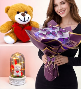 Renkli Led Işıklı Kelebek Buketi Kalpli Peluş Ayıcık Led Işıklı Fanus Premium Hediye Seti (Model 5)
