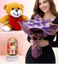 Renkli Led Işıklı Kelebek Buketi Kalpli Peluş Ayıcık Led Işıklı Fanus Premium Hediye Seti (Model 5)