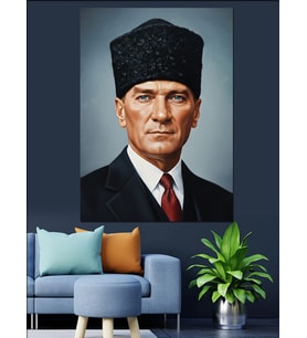 Kalpak Şapkalı Mustafa Kemal Atatürk Portresi Dekoratif Kanvas - Mdf Ahşap Tablo