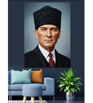 Kalpak Şapkalı Mustafa Kemal Atatürk Portresi Dekoratif Kanvas - Mdf Ahşap Tablo