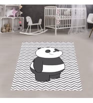 Sevimli Panda Ayı Animal Zigzag Taban Desenli Dijital Baskılı Kaymaz Taban Çocuk Odası Halısı (Gri)