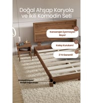 Ebruli̇ Model Yatay Başlıklı Masif Ahşap Karyola ve 2 Adet Komodin Kolay Kurulum Fırınlanmış İthal Sibirya Çamı 140x190 Yatak Uyumlu 2 Adet Komodin