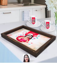 BK Gift Kişiye Özel Kadınlar Günü Karikatürlü Doğal Ahşap Tepsi ve 2’li Kahve Fincan Seti-3