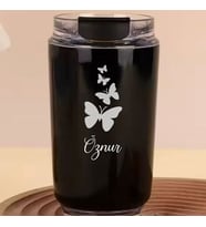 Kişiye Özel Retro Stil 240ml Vakumlu Isı Korumalı Kelebek Baskılı Termos Kupa (Siyah)