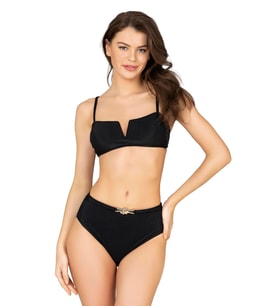 Endeep Kadın Aksesuarlı Yüksek Bel Dokulu Siyah Bikini Takımı