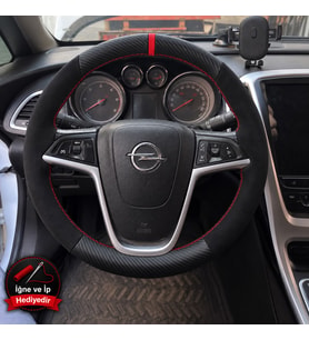 Opel Astra J Dikme Direksiyon Kılıfı Alcantara Süet Mat Karbon Kırmızı Yüzük ve Dikiş 2009-2015