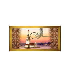 Tuğra ve Kız Kulesi Motifli Kanvas Tablo 80 x 110 cm Gold Çerçeve