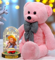 Kişiye Özel Premium Hediye Seti  Led Işıklı Fanus ve 80cm Büyük Boy Pembe Peluş Ayıcık (Model 4)
