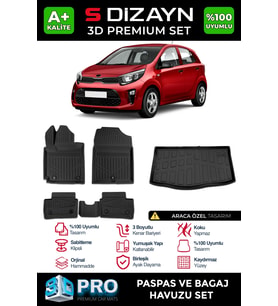 S-Dizayn Kia Picanto 3D Pro Havuzlu Paspas ve Bagaj Havuzu Seti (2'li SET) 2017 Üzeri A+ Kalite