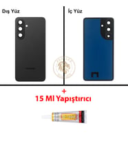 Samsung Galaxy S26 Plus Siyah Renk Lensli Arka Kapak + B7000 Yapıştırıcı Arka Cam Batarya Kapağı Pil Kapağı Lazer Kesim Back Cover Galaxy S26 Plus Uyumlu