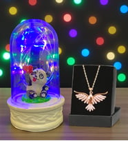 Renkli Led Işıklı Tasarım Fanus ve Zümrüdü Anka Kuşu Kolye Seti (Model 6)