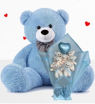 Peluş Ayı 90 Cm Sevgiliye Doğum Günü Hediyesi Set Özel Gün İçin Hediyelik Ayıcık Ve Balonlu Kalpli Mavi Buketi (Açık Mavi)