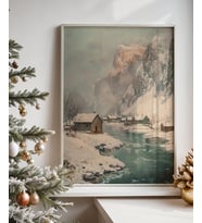 Çerçevesiz Poster Nehir Kenarında Dağ Evi (Çok Renkli)