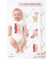 3’lü Bebek Body Seti %100 Pamuk Sevimli Ayıcık Baskılı Kısa Kollu Çıtçıtlı Zıbın Yenidoğan Body (Beyaz)