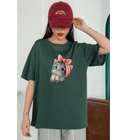 Unisex Sevimli Kedi Tasarım T-shirt (Yeşil)