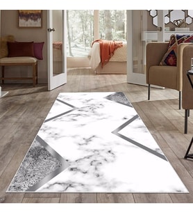 Gri Çizgili Mermer Desenli Yıkanabilir Kaymaz Taban Leke Tutmaz Modern Salon Halısı ve Yolluk (Gri-Beyaz)