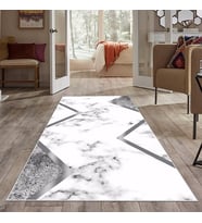 Gri Çizgili Mermer Desenli Yıkanabilir Kaymaz Taban Leke Tutmaz Modern Salon Halısı ve Yolluk (Gri-Beyaz)