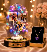 Kişiye Özel Renkli LED Işıklı 3 Fotoğraflı ve Yazılı Fanus & Kelebek Kolye Sevgiliye Kadına Hediye