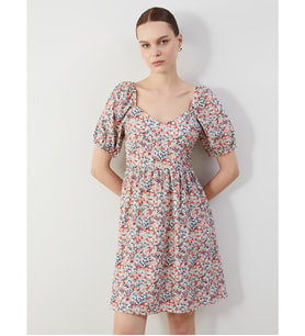 LCW Comfort Turuncu Kalp Yaka Çiçekli Mini Elbise