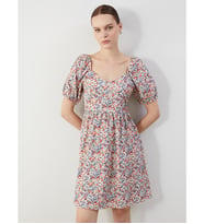 LCW Comfort Turuncu Kalp Yaka Çiçekli Mini Elbise