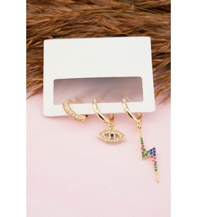 Kadın Kararmaz  Altın Kaplama Şimşek ve Göz  Figürlü Zirkon 3'lü Küpe Set