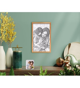 BK Home Karakalem Anne Kız Fotoğraflı El Yapımı Ahşap Çerçeveli Tablo-1