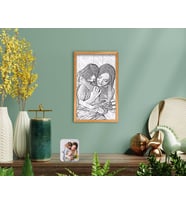 BK Home Karakalem Anne Kız Fotoğraflı El Yapımı Ahşap Çerçeveli Tablo-1
